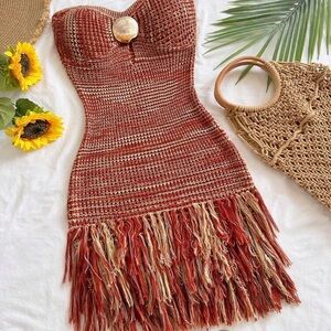 Boho Crochet Strapless Fringe Mini Dress in Rust